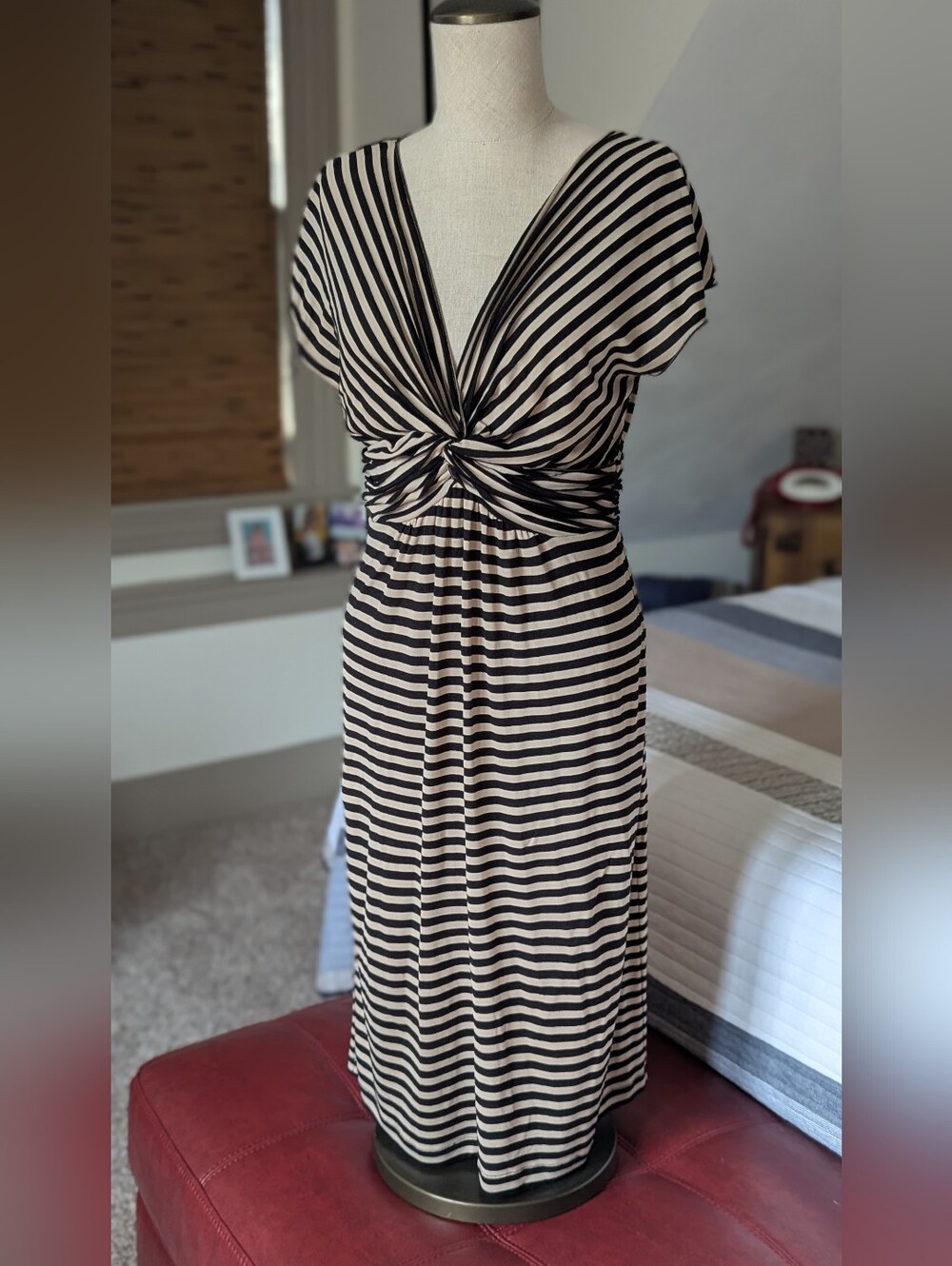 Max Studio Black and Cream Striped Twist-Front Midi Dress